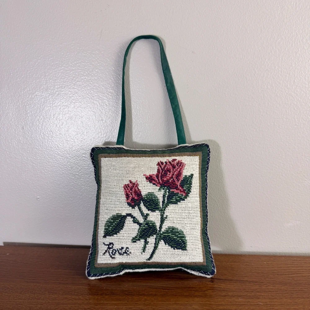 Vintage Needlepoint Rose Lavender Sachet Hanging Pillow Ornament Floral Decor